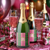Chic Roze en Groen Plakken Monogram Wijnfles Sparkling Wijnetiket