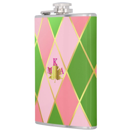 Chic Roze en Groene Argyle Monogrammed Heupfles (Links)