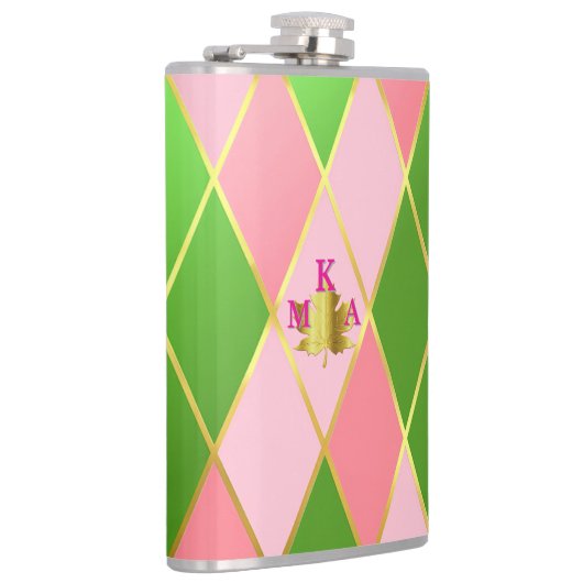 Chic Roze en Groene Argyle Monogrammed Heupfles (Rechts)