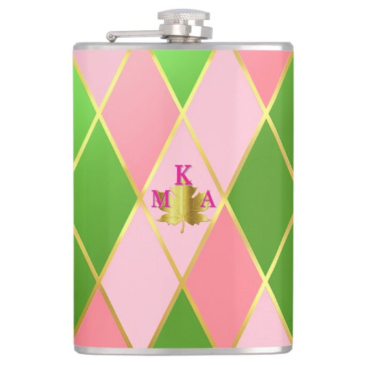 Chic Roze en Groene Argyle Monogrammed Heupfles (Voorkant)