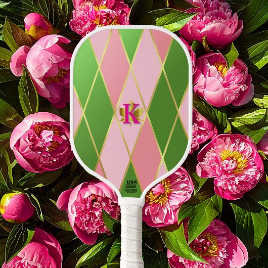 Chic Roze en Groene Argyle Monogrammed Pickleball Paddle