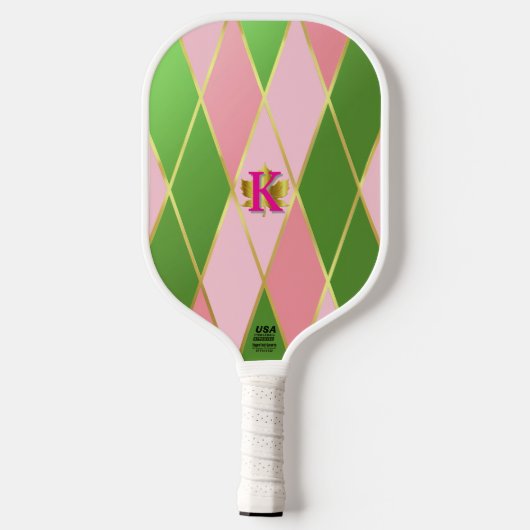 Chic Roze en Groene Argyle Monogrammed Pickleball Paddle (Achterkant)