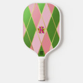 Chic Roze en Groene Argyle Monogrammed Pickleball Paddle (Voorkant)