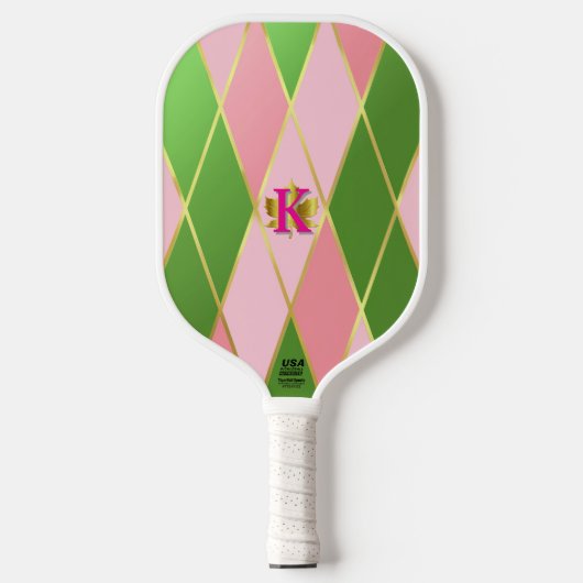 Chic Roze en Groene Argyle Monogrammed Pickleball Paddle (Voorkant)