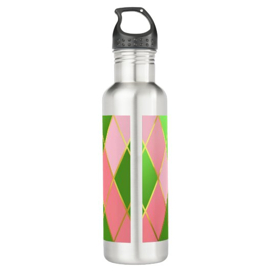 Chic Roze en Groene Argyle Monogrammed Waterfles (Achterkant)