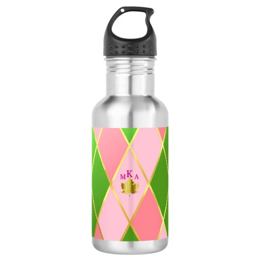 Chic Roze en Groene Argyle Monogrammed Waterfles (Voorkant)