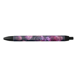 chic roze en paarse bloem met script monogram zwarte inkt pen