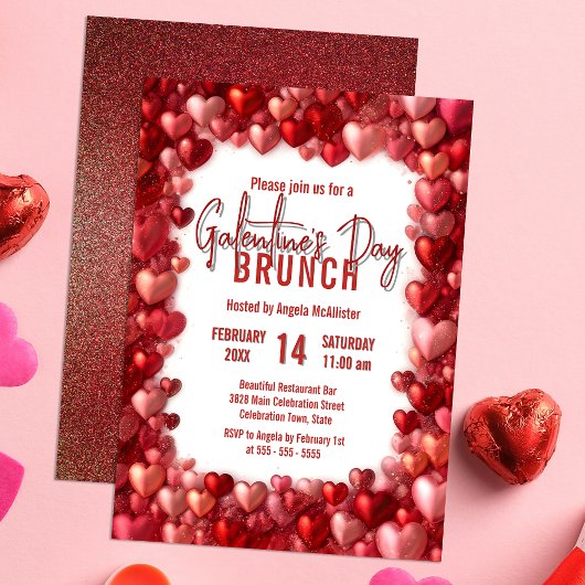 Chic Roze en Rode Harten Galentine's Brunch Kaart