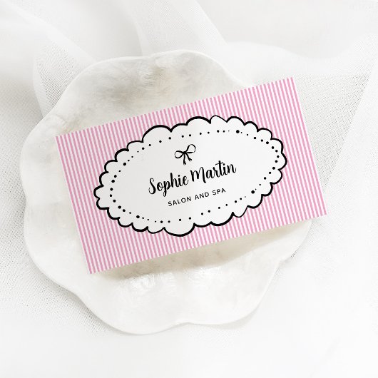 Chic roze en witte strepen en boog | QR-code Visitekaartje