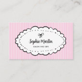 Chic roze en witte strepen en boog | QR-code Visitekaartje (Voorkant)