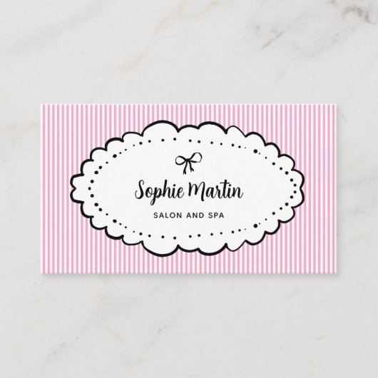 Chic roze en witte strepen en boog | QR-code Visitekaartje (Voorkant)
