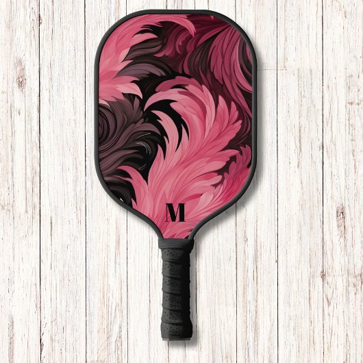 Chic Roze en Zwarte Veren Leaf Modern Monogram Pickleball Paddle