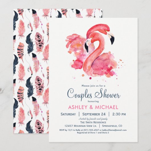 Chic roze flamingo koppels Douche Uitnodiging (Voorkant / Achterkant)