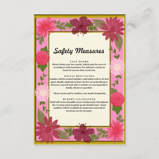 Chic roze Floral botanische veiligheidsmaatregelen Informatiekaartje (Voorkant)