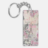 Chic roze floral Paris Eiffel Tower typografie Sleutelhanger (Voorkant Links)