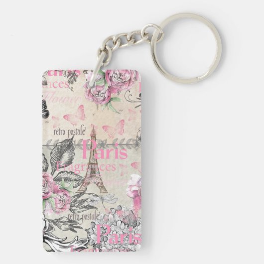 Chic roze floral Paris Eiffel Tower typografie Sleutelhanger (achterkant)