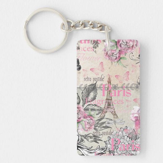 Chic roze floral Paris Eiffel Tower typografie Sleutelhanger (Voorkant)