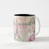 Chic roze floral Paris Eiffel Tower typografie Tweekleurige Koffiemok (Voorkant rechts)