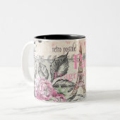 Chic roze floral Paris Eiffel Tower typografie Tweekleurige Koffiemok (Voorkant links)