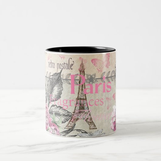Chic roze floral Paris Eiffel Tower typografie Tweekleurige Koffiemok (Center)