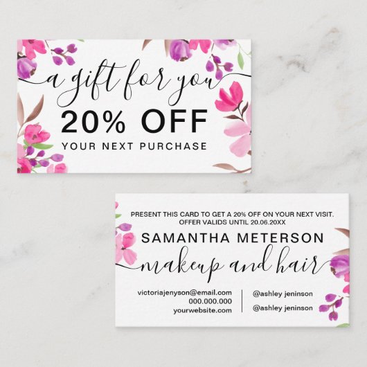 Chic roze floral waterverf boeket cadeau korting (Voorkant / Achterkant)