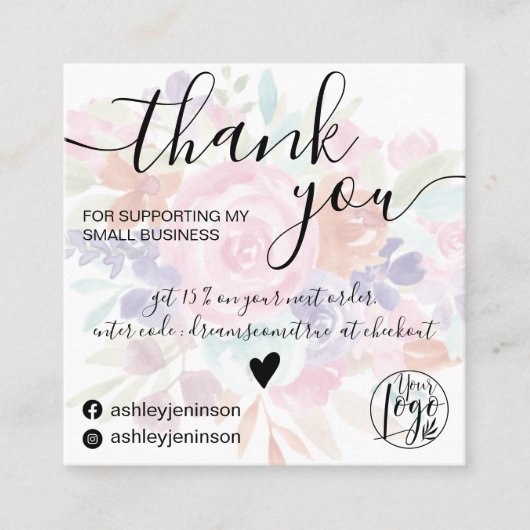 Chic roze floral waterverf girly orde dank u vierkante visitekaartje (Voorkant)