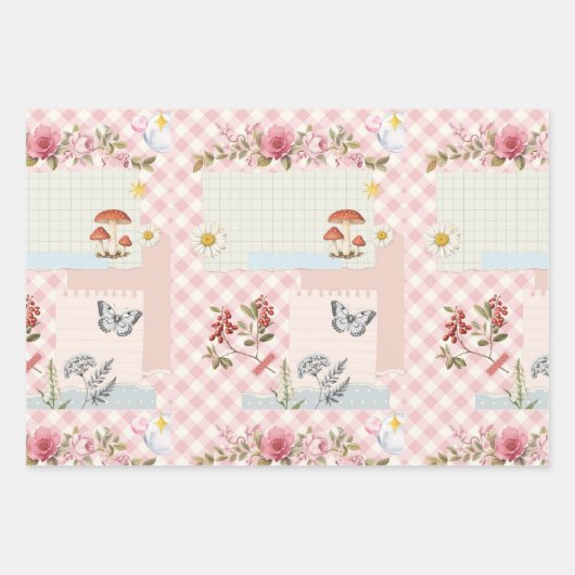 Chic Roze Geruit Inpakpapier met Bloemactiek (Voorkant 3)