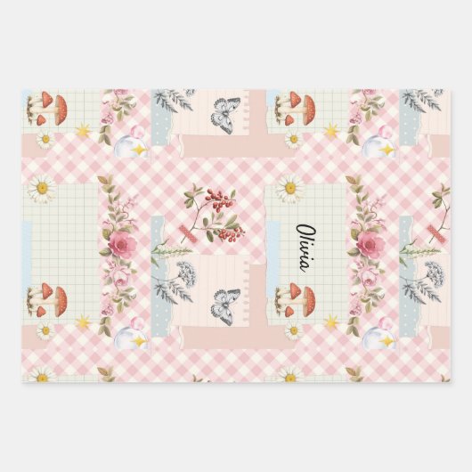 Chic Roze Geruit Inpakpapier met Bloemactiek (Voorkant)