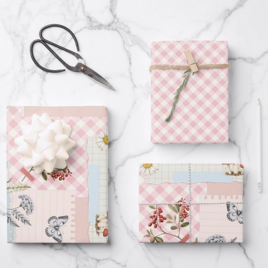 Chic Roze Geruit Inpakpapier met Bloemactiek (Voorkant)