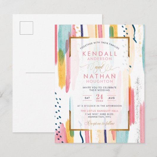 Chic Roze Geschilderde penseelstreken - Afbeelding Uitnodiging Briefkaart (Voorkant / Achterkant)