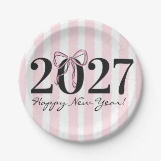 Chic roze gestreepte strik 2027 Nieuwjaarsparty Papieren Bordje