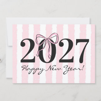 Chic roze gestreepte strik 2027 Nieuwjaarswenskaar Notitiekaartje