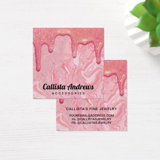 Chic roze Glitter Marble Drids Earning Display Vierkante Visitekaartjes (Bureau)