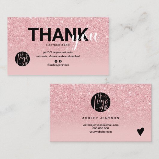 Chic roze glitter ombre cool logo orde dank u visitekaartje (Voorkant / Achterkant)