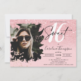 Chic roze glitter ombre floral foto Sweet 16 Kaart