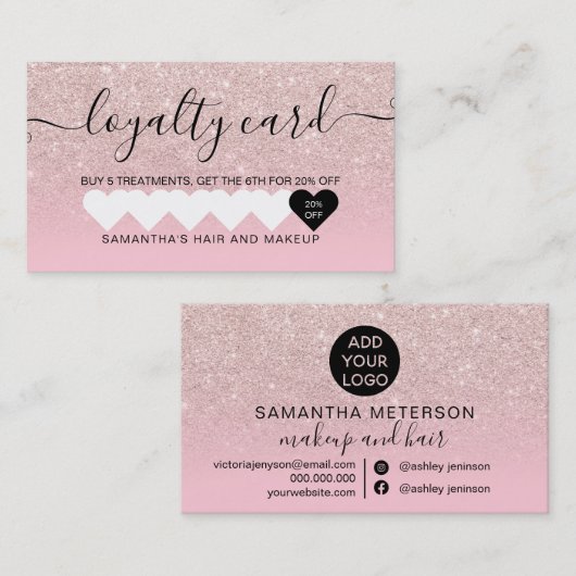 Chic roze glitter ombre girale harsmake-up klantenkaartje (Voorkant / Achterkant)