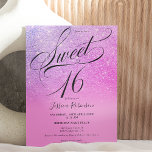 Chic roze glitter ombre script paars Sweet 16 Kaart<br><div class="desc">Roze paarse glitter ombre sparkles girly Sweet 16 verjaardagsfeestje ,  met een elegant scriptkalligrafie-borstel . Voeg uw foto toe</div>
