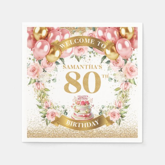 Chic Roze Goud 80e Verjaardag Viering Servetten (Voorkant)