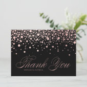 Chic Roze Goud Folie Confetti Drops Zwarte Trouwda Bedankkaart (Staand voorkant)