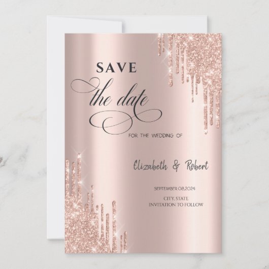 Chic Roze Goud Glitter Druppels Bewaar De Datum Save The Date (Voorkant)