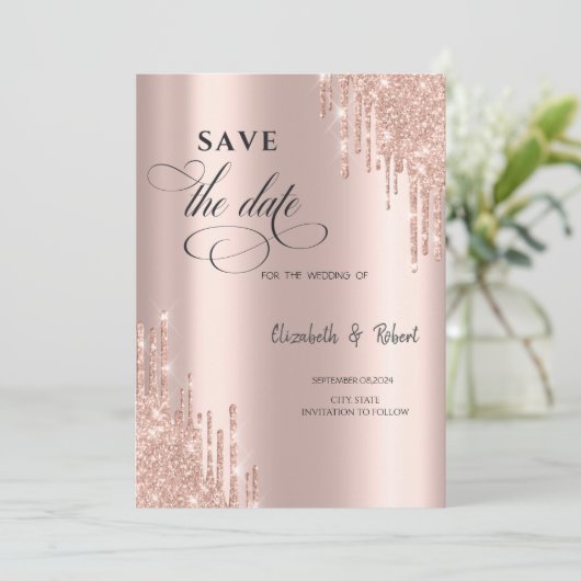 Chic Roze Goud Glitter Druppels Bewaar De Datum Save The Date (Staand voorkant)