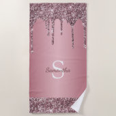 Chic Roze Goud Roze Glittersluier Glans Monogram Strandlaken (Voorkant)