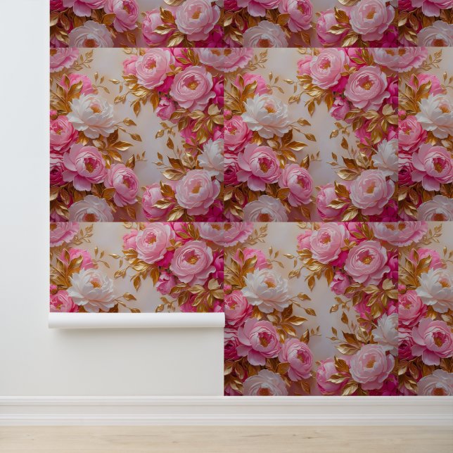 Chic Roze Gouden Bloem Verwijderbare Peel en Stick Behang (Applicatie)