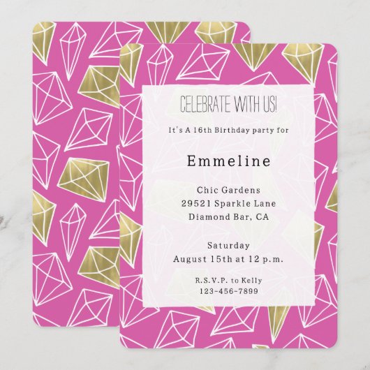 Chic Roze Gouden Diamanten Verjaardag Kaart (Voorkant / Achterkant)