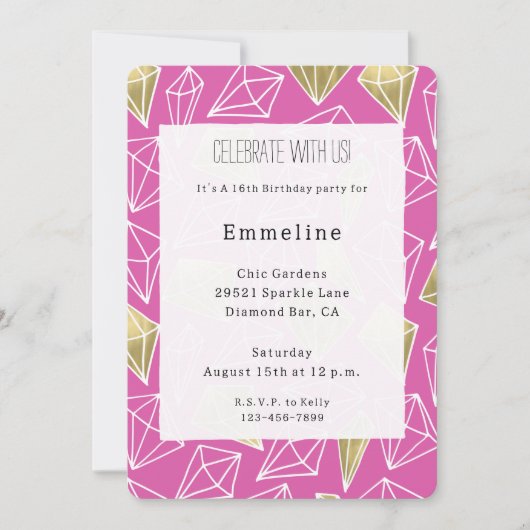 Chic Roze Gouden Diamanten Verjaardag Kaart (Voorkant)