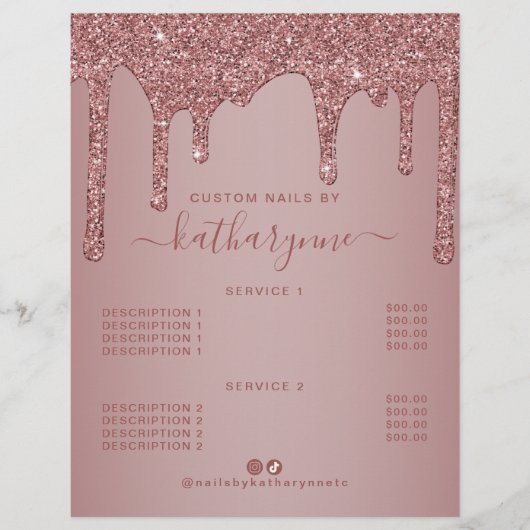 Chic Roze Gouden Druppel Glitter Prijslijst Flyer (Voorkant)