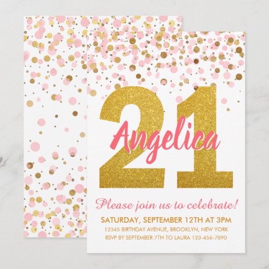 Chic Roze Gouden Glitter Confetti Meisje 21e Verja Kaart (Voorkant / Achterkant)