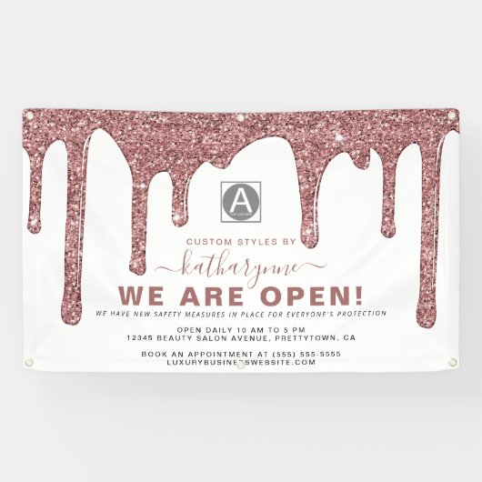 Chic Roze Gouden Glitter Drips Zakelijk Spandoek (Horizontaal)