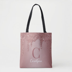 Chic Roze Gouden Glitter Druppels Monogram Tote Bag