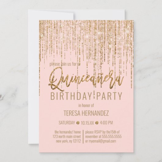 Chic Roze Gouden Glitter Fringe Gordijn Quinceañer Kaart (Voorkant)